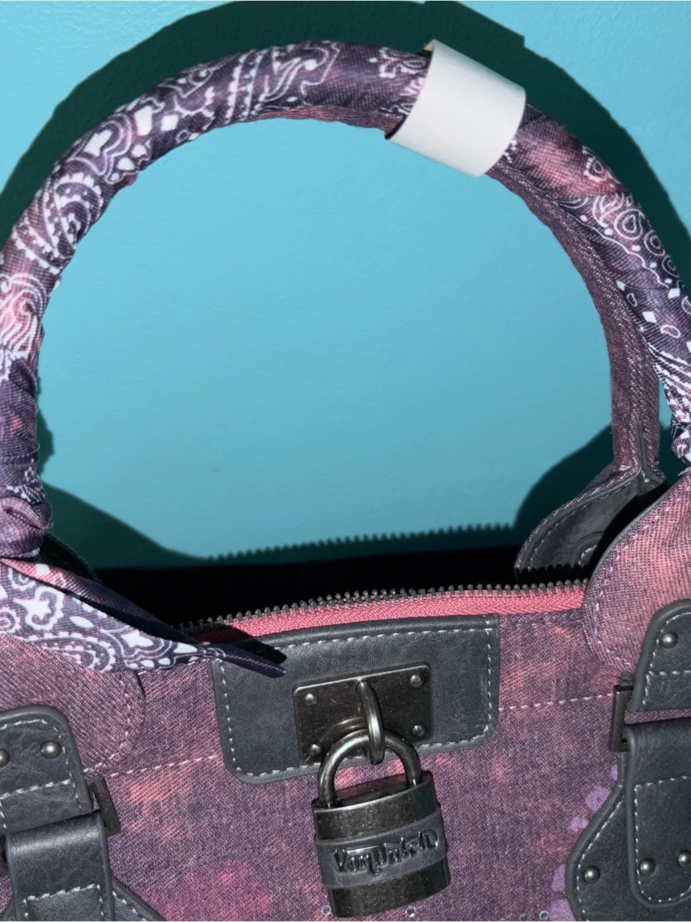 Von Dutch Bree Purple Pink Handbag with Lock, Twilly, and Pins NWT